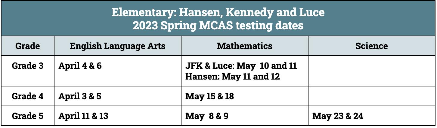 Elementary MCAS Dates 2023