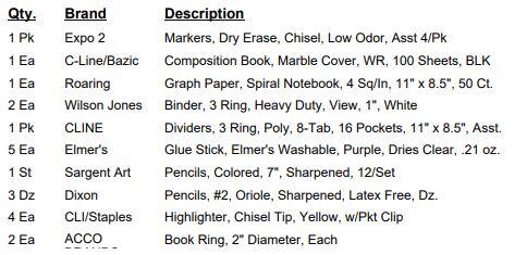 Grade 5 Supply List